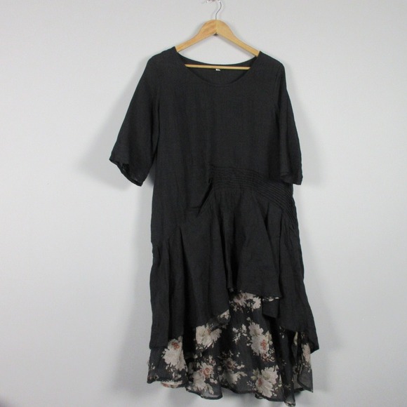 Peacock Ways Dresses & Skirts - Peacock Ways Tunic Flare L Black Floral Linen Cotton Blouse Boho Lagenlook 286